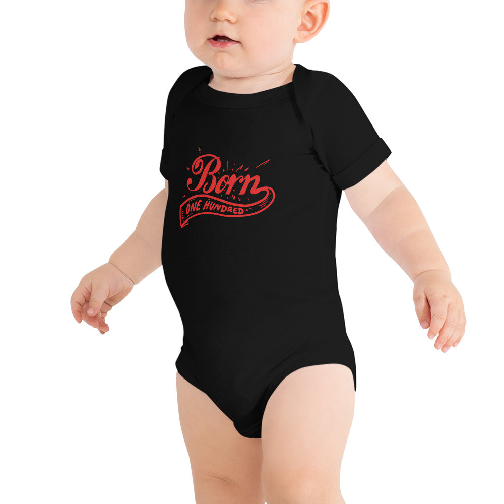 Born 100 swoop Baby onesie
